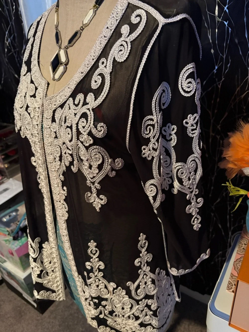 Sheer Black Embroidered open cardigan with White ribbon Lace Detail - Picture 2 of 13